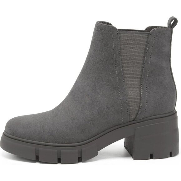 REDTOP Women's Elastic Chelsea Boots Grey Suede  Faux Suede Block Heel Booties - Picture 2 of 7